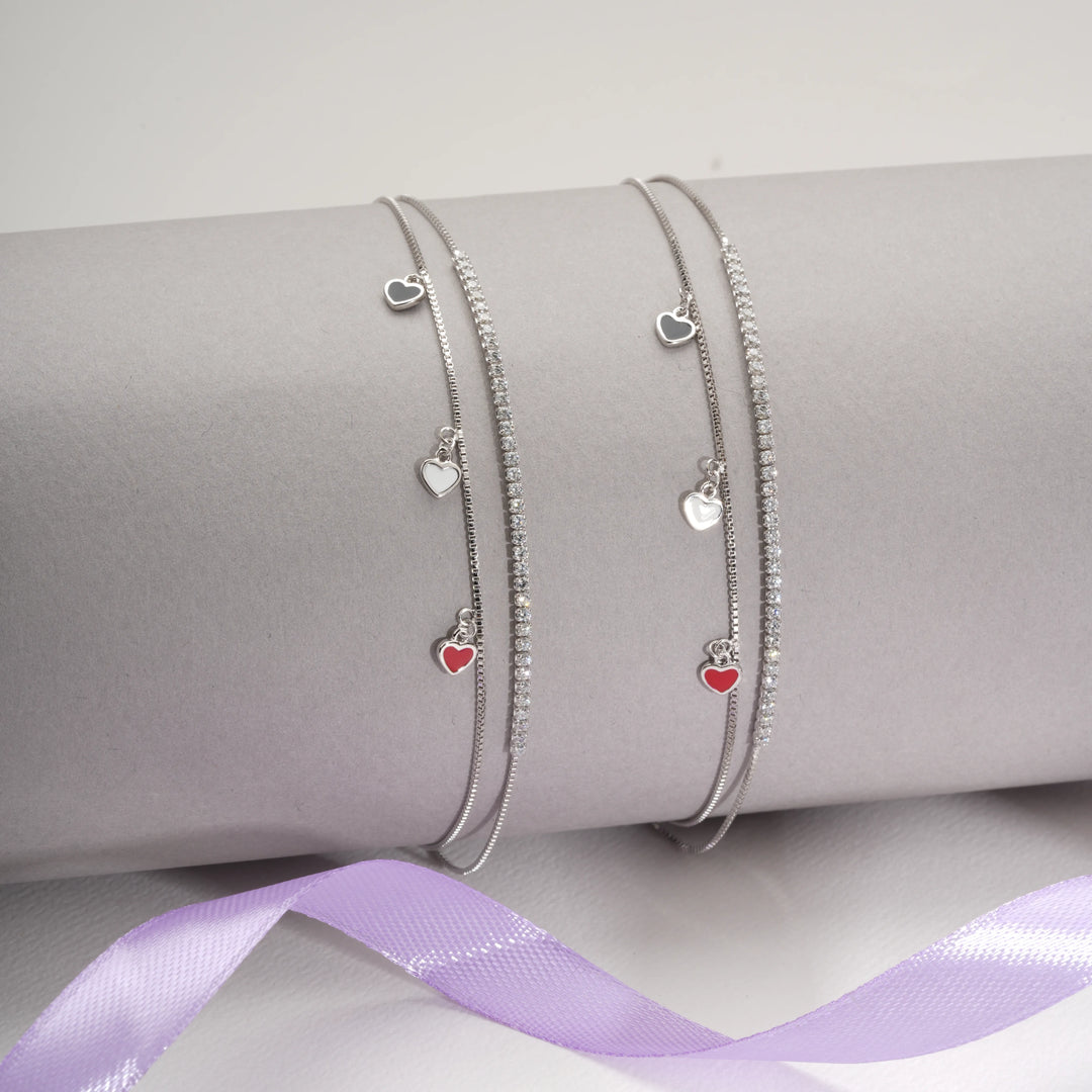 Tri-Colour Heart Anklets (Set of 2)